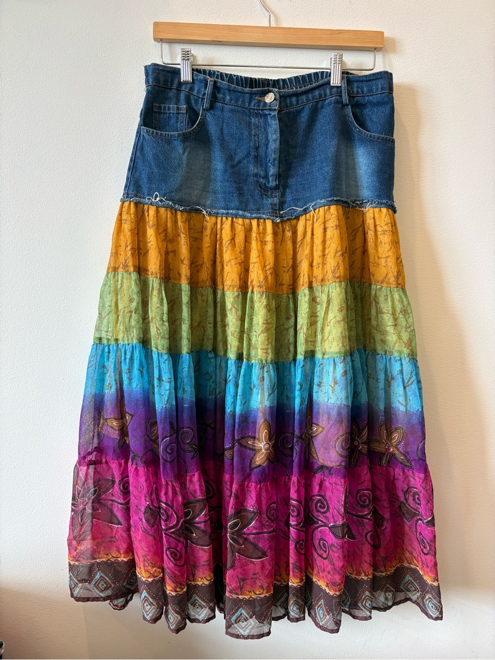Vintage Boho Tiered Denim Waist Multicolor Maxi Skirt